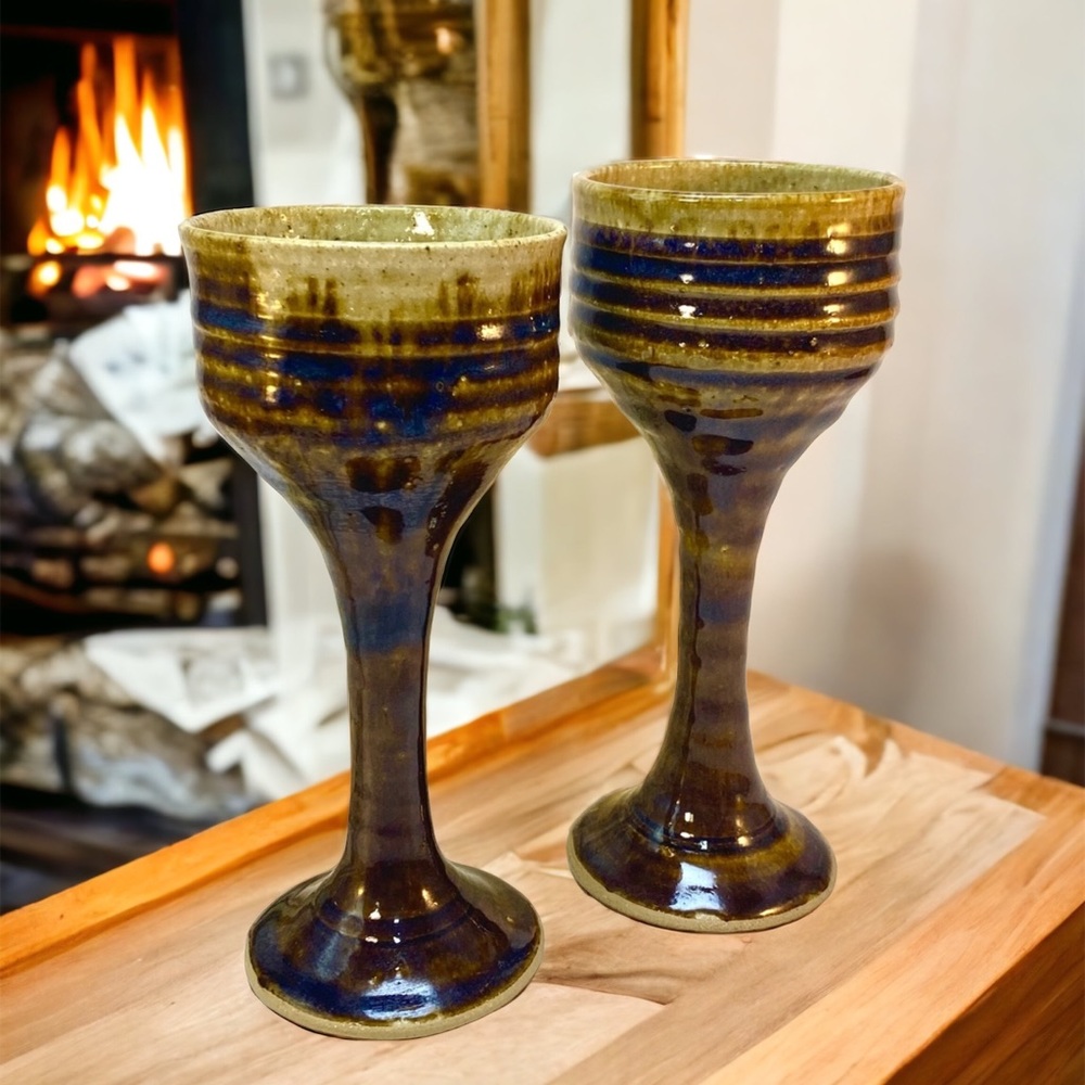 Set of two studio art pottery goblets, signed by artist Gloria Dunbar